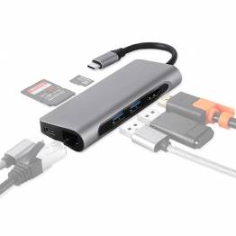 USB-C Dock med HDMI, Rj-45, 2x USB 3.0 og Micro SD samt SD kort