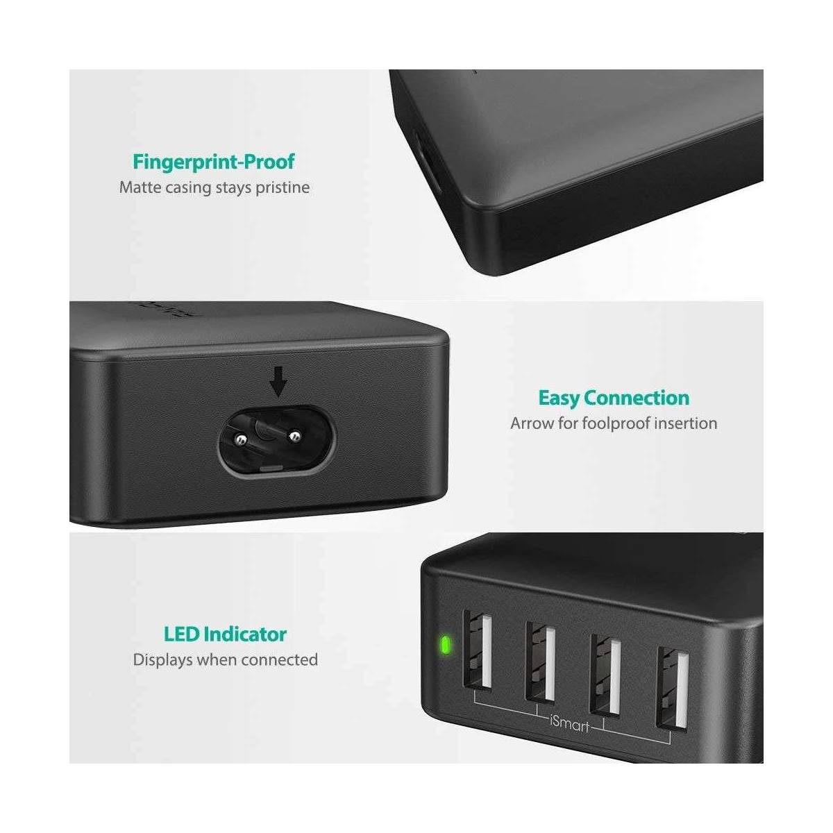 Amber strøm 4 port USB hub lader m. 40W i svart Mackabler Amber strøm 4 port USB hub lader m. 40W i svart Mackabler