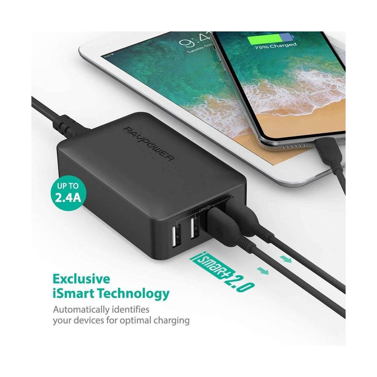 Amber strøm 4 port USB hub lader m. 40W i svart Mackabler Amber strøm 4 port USB hub lader m. 40W i svart Mackabler
