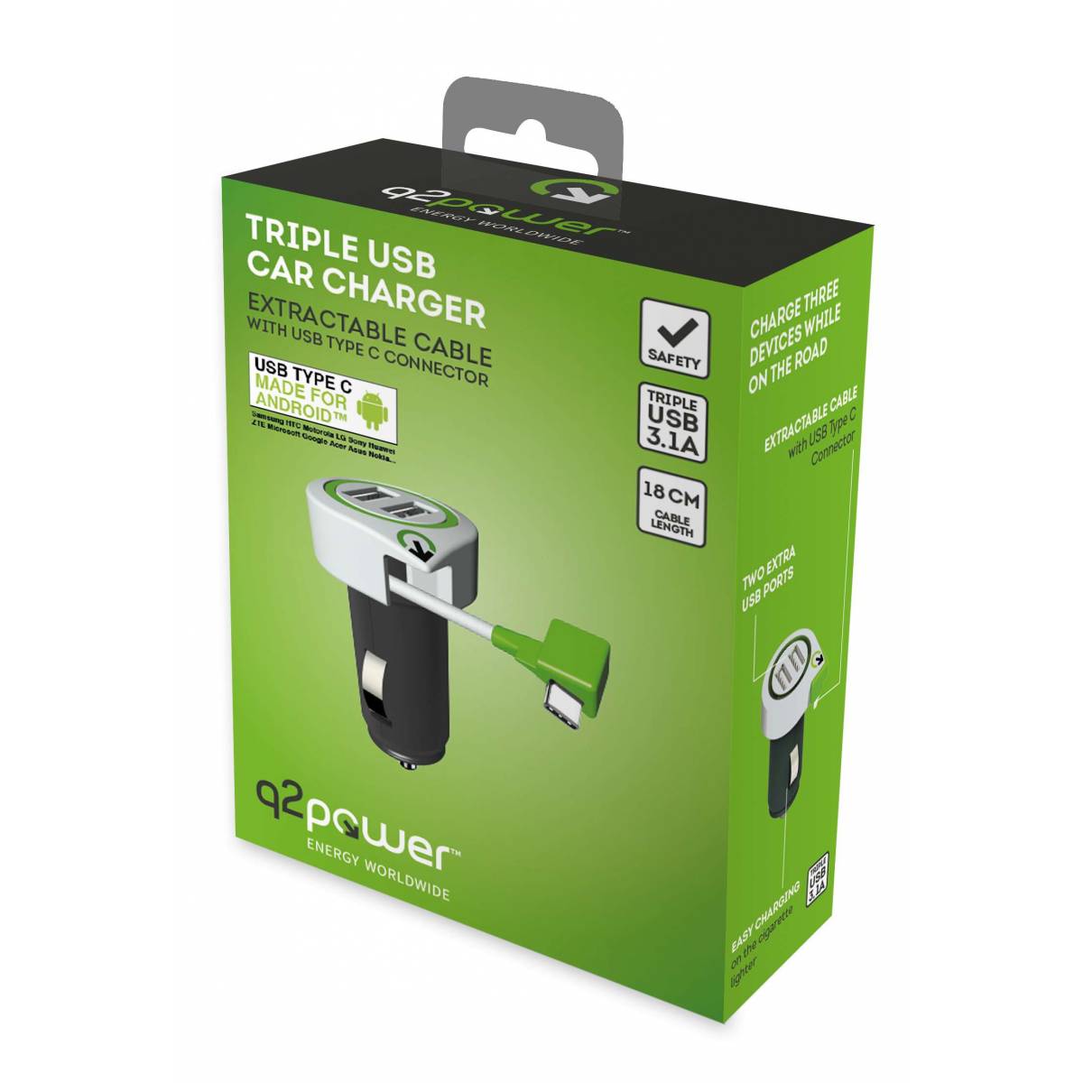 Q2Power trippel USB billader med USB C kabel Mackabler.no Dobbel USB billader (10W) Mackabler.no fra 3SIXT