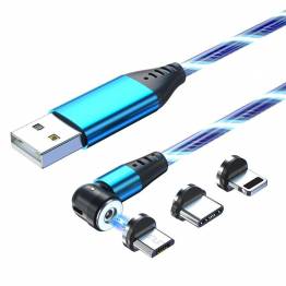  Lysende magnetisk flerladerkabel -Lightning, MicroUSB, USB -C - Blå