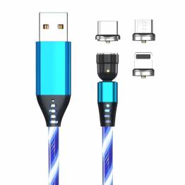 Lysende magnetisk flerladerkabel -Lightning, MicroUSB, USB -C - Blå