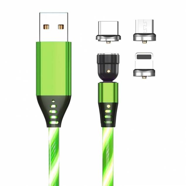 Lysende magnetisk flerladerkabel -Lightning, MicroUSB, USB -C - Grønn
