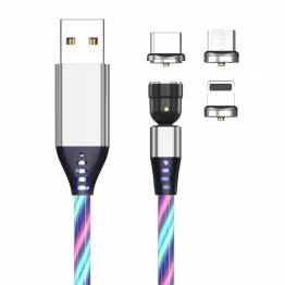 Lysende magnetisk flerladerkabel -Lightning,MicroUSB,USB-C -Flerfarget