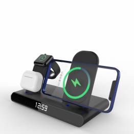 Slank 3-i-1 lader for iPhone, AirPods og Watch m ur og alarm - Sort