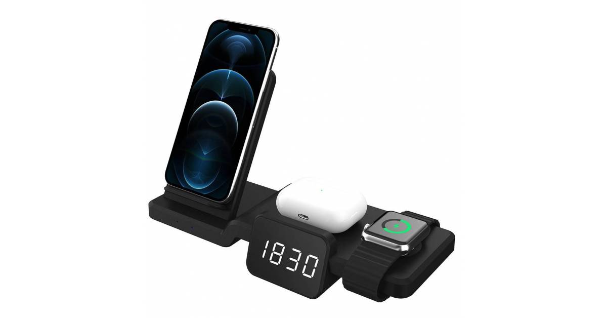 Smart 4-i-1 trådløs lader for iPhone, AirPods og Apple Watch m klokke -  Mackabler.no