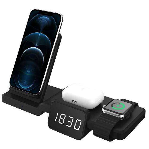 4 i 1 trådløs lader for iPhone, AirPods og Apple Watch med klokkefunksjon