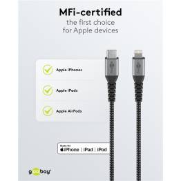  Goobay robust vevd USB-C til Lightning-kabel - MFi - 1m - Svart/grå