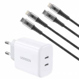 Ugreen 40W dobbellader med USB-C PD og 2 MFi Lightning-kabler - 1m