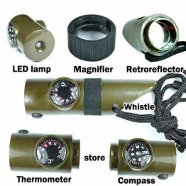  7-i-1 Utendørsverktøy: Fløyte, kompass, termometer, LED-lys, forstørrelsesglass, reflektor og rom - 9,6 cm - Grønn/svart