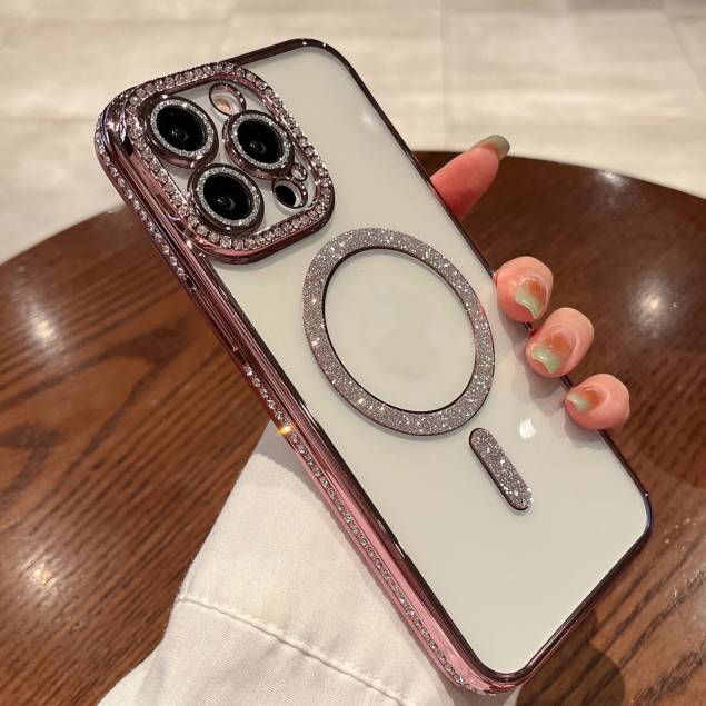 iPhone 15 Pro MagSafe deksel med rhinestones - Rosa
