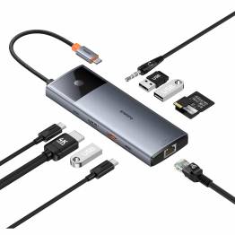 Baseus USB-C 10-i-1 hub: 3xUSB, 2xUSB-C 100W PD, HDMI, kortlesere, RJ45, mini jack og On/Off knapp for skjerm