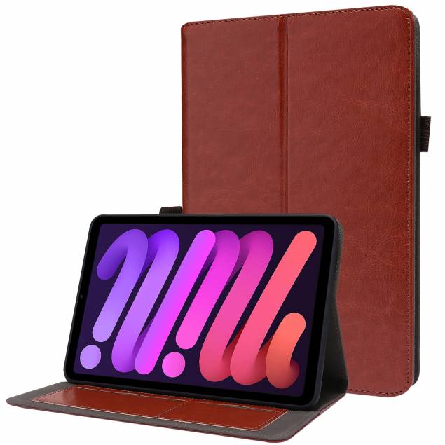 iPad Mini 6 cover med klaff og Pencil plass - Brunt imitert skinn