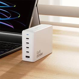  Dudao GaN 5-port PD - 4x USB-C og 1x USB-A - 228W lader - Hvit