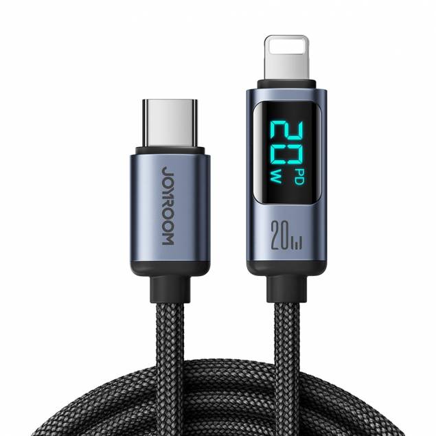 Joyroom vevd USB-C til Lightning-kabel med display - 1,2m - Svart