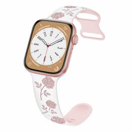 Silikonrem til Apple Watch 42/44/45/49mm med indgraverede roser - Hvid/Pink