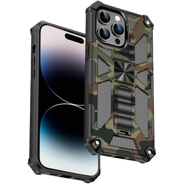 Ekstra beskyttende iPhone 14 Pro deksel med kickstand - Grønn camo