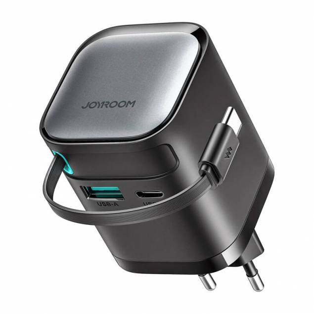 Joyroom 65W GaN PD-lader med uttrekkbart USB-C-kabel og USB-C/USB-A-porter