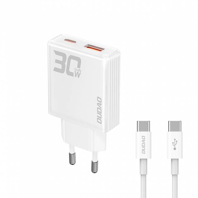 Dudao GaN 30W PD lader USB-C / USB-A inkl 1m USB-C kabel - Hvit