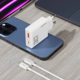  Dudao GaN 30W PD lader USB-C / USB-A inkl 1m USB-C kabel - Hvit