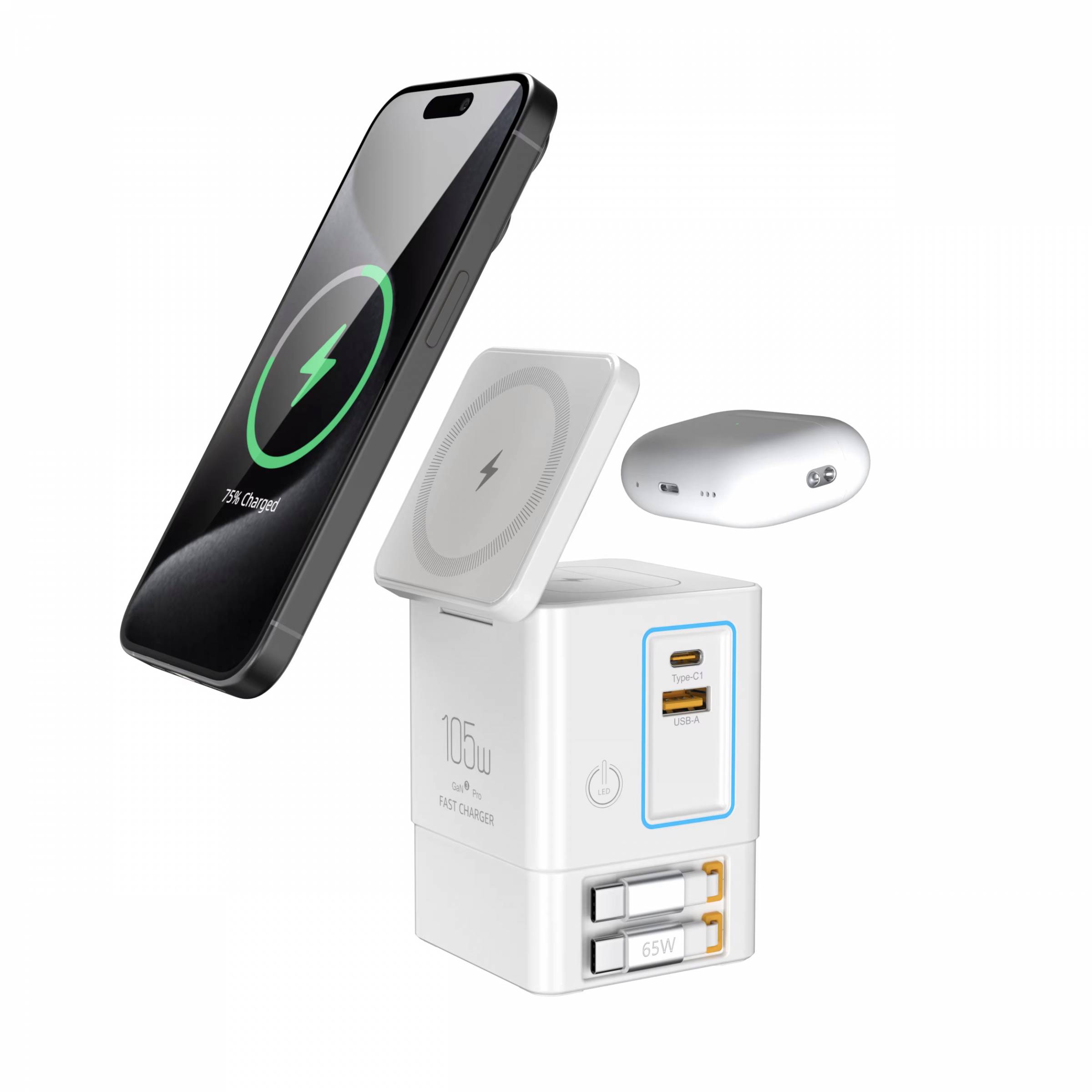 6-i-1 Power Tower 105W GaN lader m 2 uttrekkbare kabler og MagSafe lader – hvit