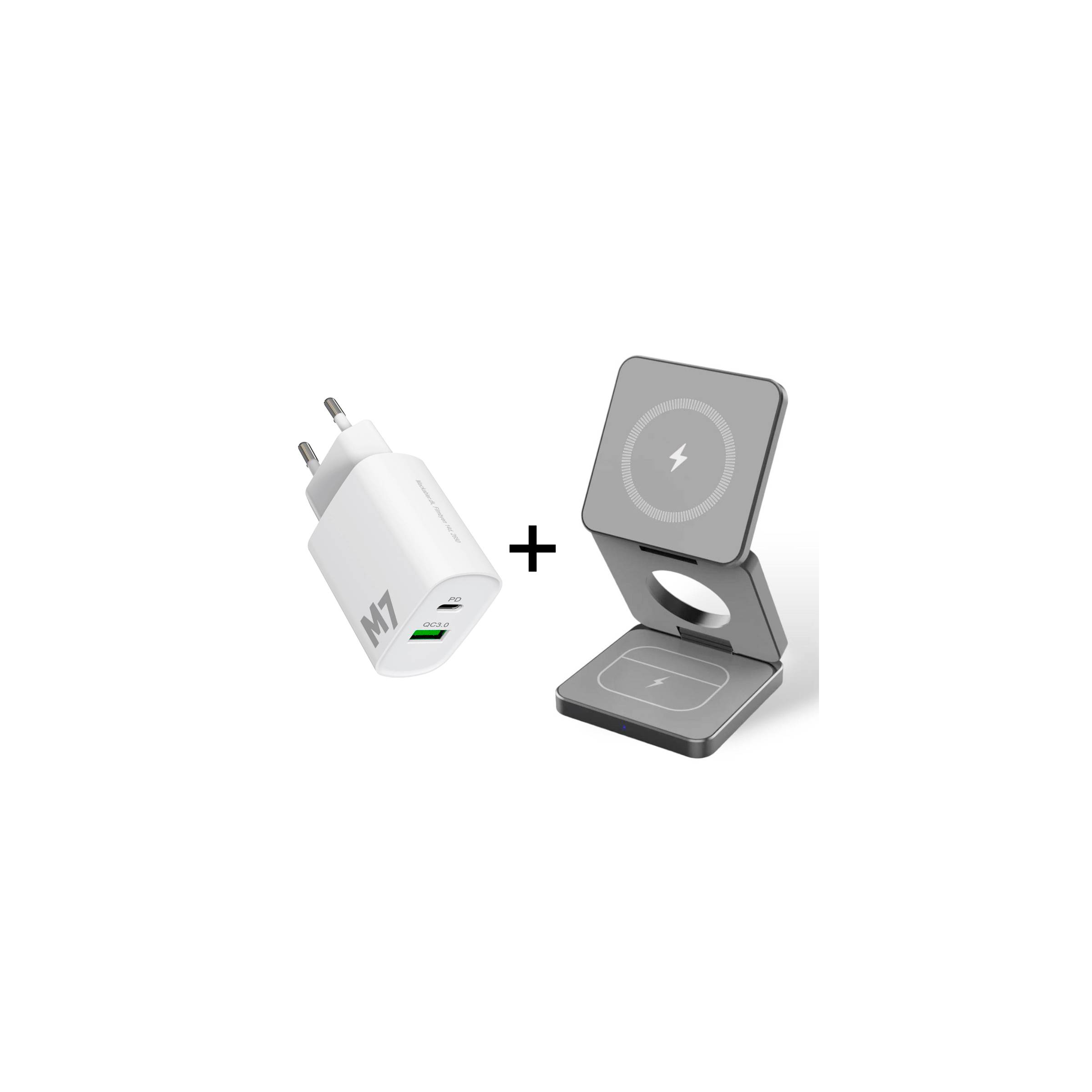 Lommevennlig sammenleggbar 3-i-1 Qi trådløs lader i grå med 20W USB-C lader
