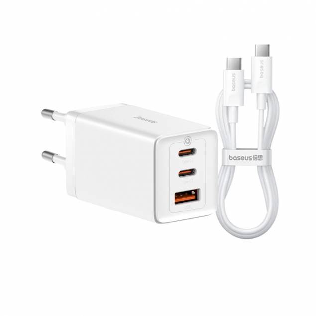 Baseus GaN5 Pro 3-port 2x USB-C og 1x USB inkl 1m USB-C kabel - 65W PD Mac lader - Hvit