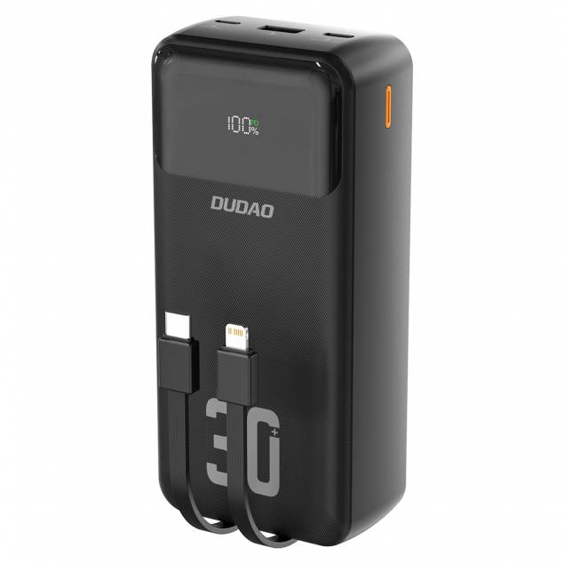 Dudao K15Max powerbank 30.000mAh med USB-C og Lightning kabel - 22,5W PD+QC - Sort Dudao K15Max powerbank 30.000mAh med USB-C og Lightning kabel - 22,5W PD+QC - Sort
