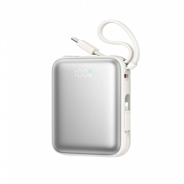 Joyroom mini powerbank med USB-C og Lightningkabel - 10.000mAh - 22.5W PD - Hvit Joyroom mini powerbank med USB-C og Lightningkabel - 10.000mAh - 22.5W PD - Hvit