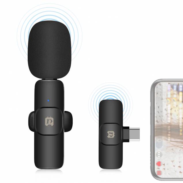 Trådløs Clip on mikrofon med USB-C og USB-C port til opladning av mobil Trådløs Clip on mikrofon med USB-C og USB-C port til opladning av mobil