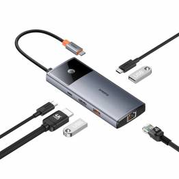  Baseus USB-C 6-i-1 hub: 2xUSB, 2xUSB-C 100W PD, HDMI og RJ45 og On/Off knapp til skjerm