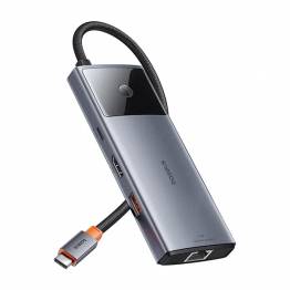 Baseus USB-C 6-i-1 hub: 2xUSB, 2xUSB-C 100W PD, HDMI og RJ45 og On/Off knapp til skjerm