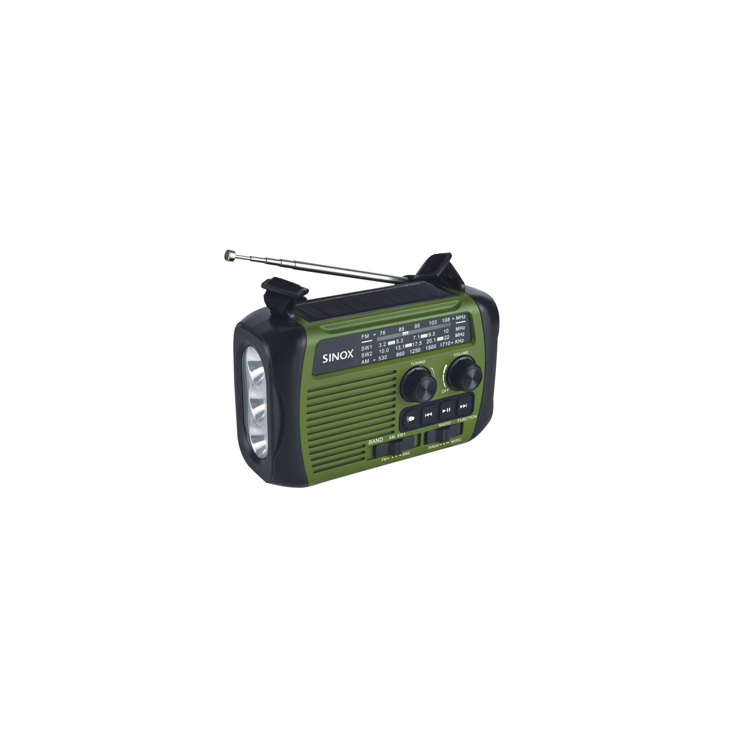 Sinox Explorer nødradio med håndsving, Bluetooth, lygte og powerbank – Grøn