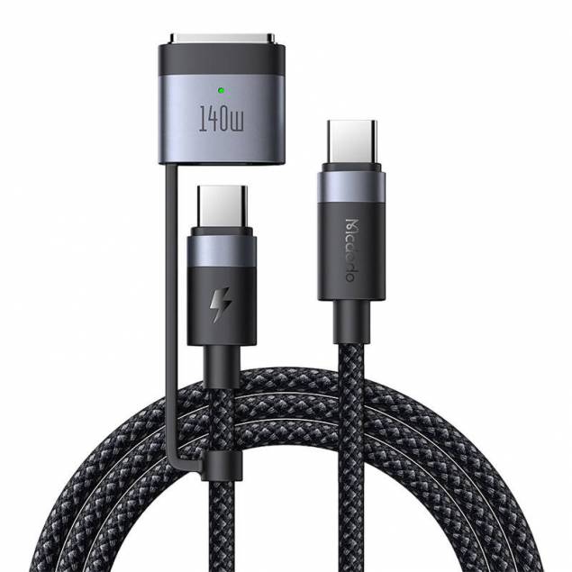 2-i-1 USB-C til USB-C og Magsafe 3 PD hurtig lading vevd kabel - 140W - 2m