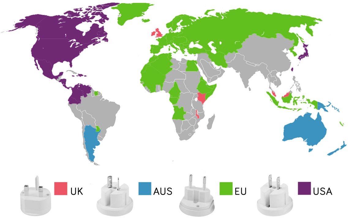 Lande kort over hvilken type strøm stik landet bruger.